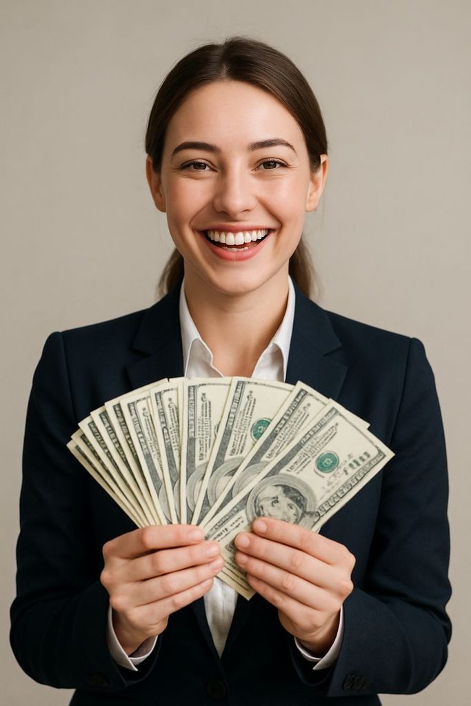 a lady holding some cash