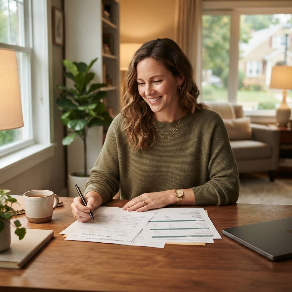 a cheerful lady reading through a document
