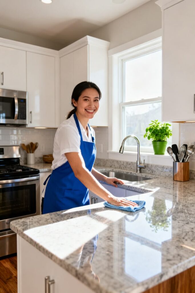 a lady cleaning the kitchen as regards to how to split household responsibilities with a roommate