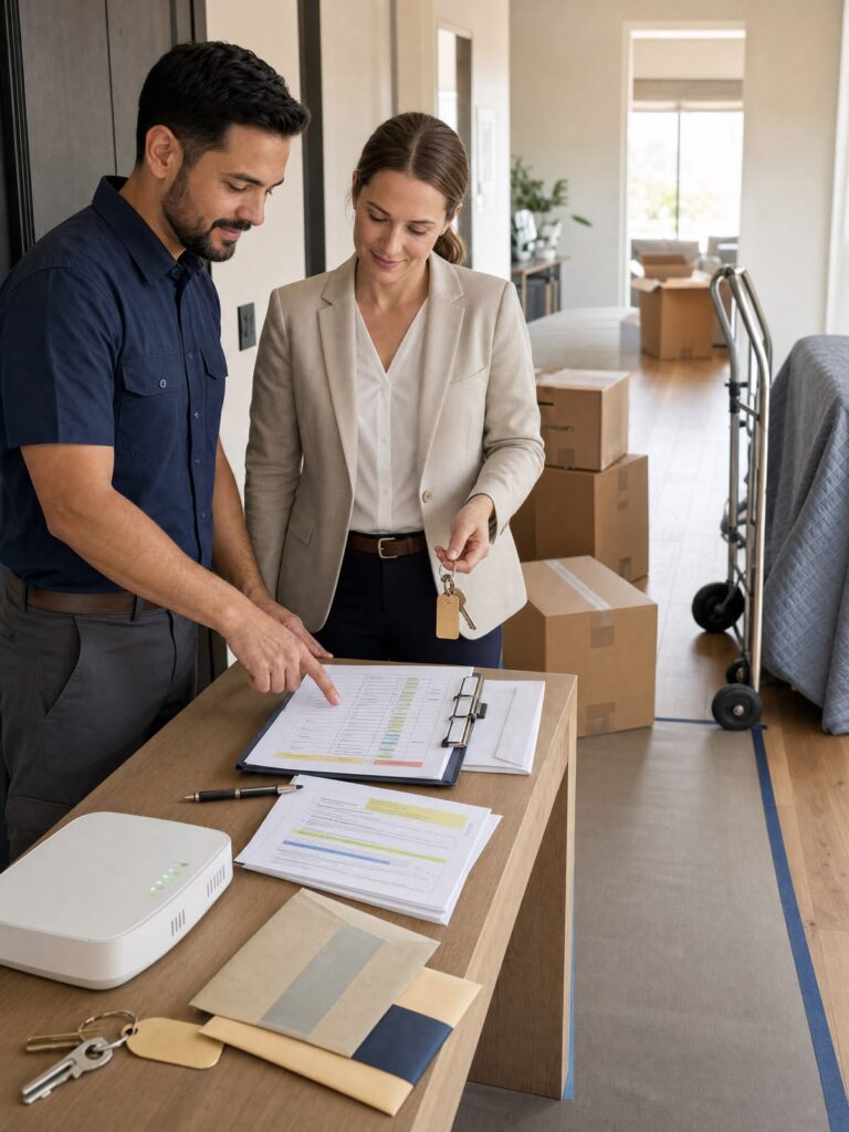 a man explaining to a lady as regards to set up utilities in your first apartment