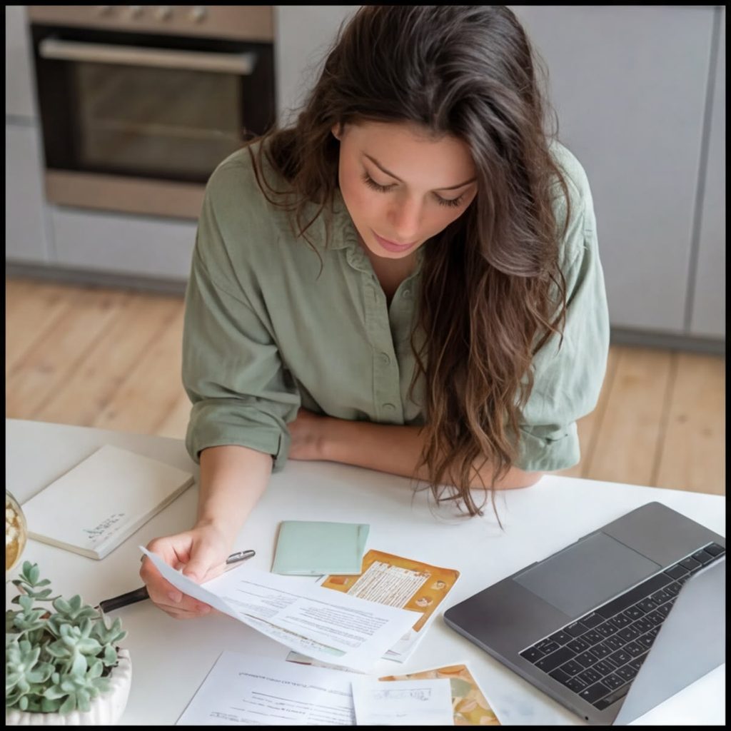 a young adult checking a document