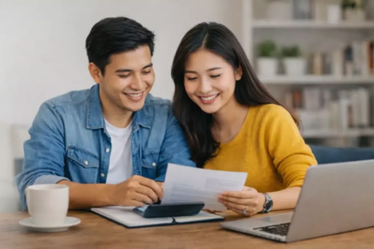 couple talking about finances budgeting at home
