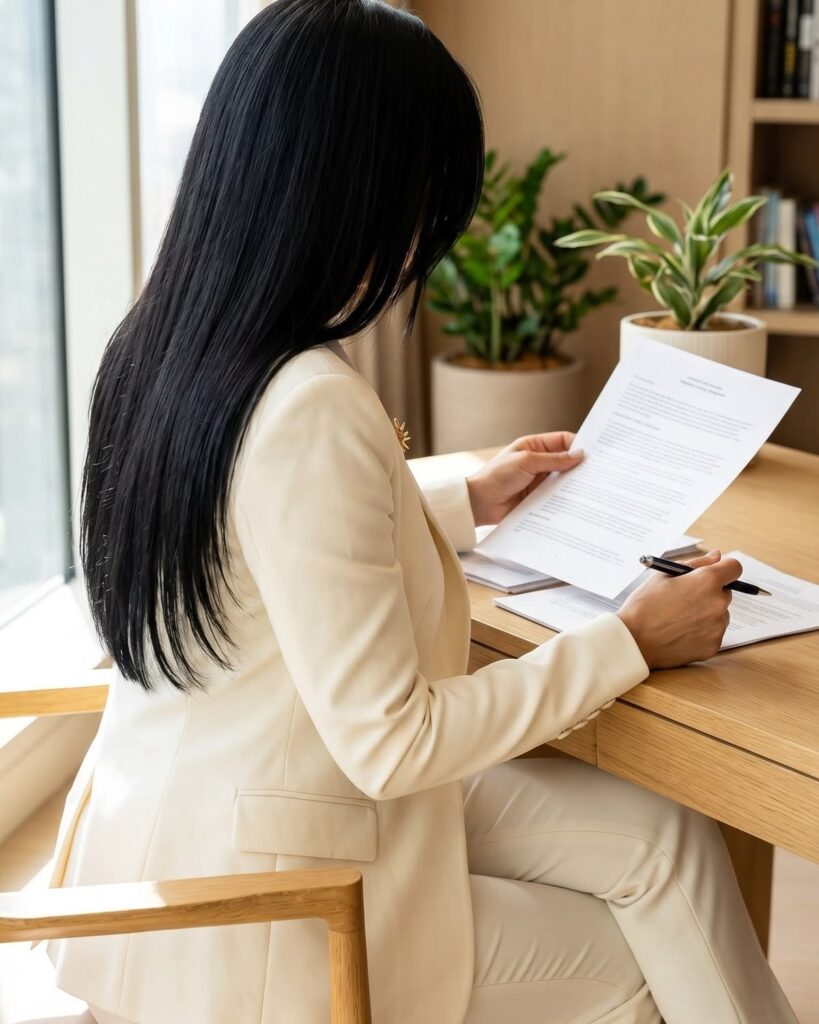 image of a lady sitting a holding a document.