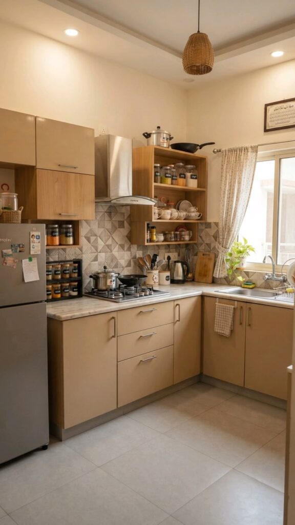 a kitchen stocked with simple food stuff