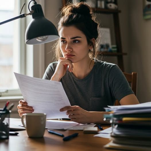 lady holding a document looking stressed as regards to things to know about your first paycheck