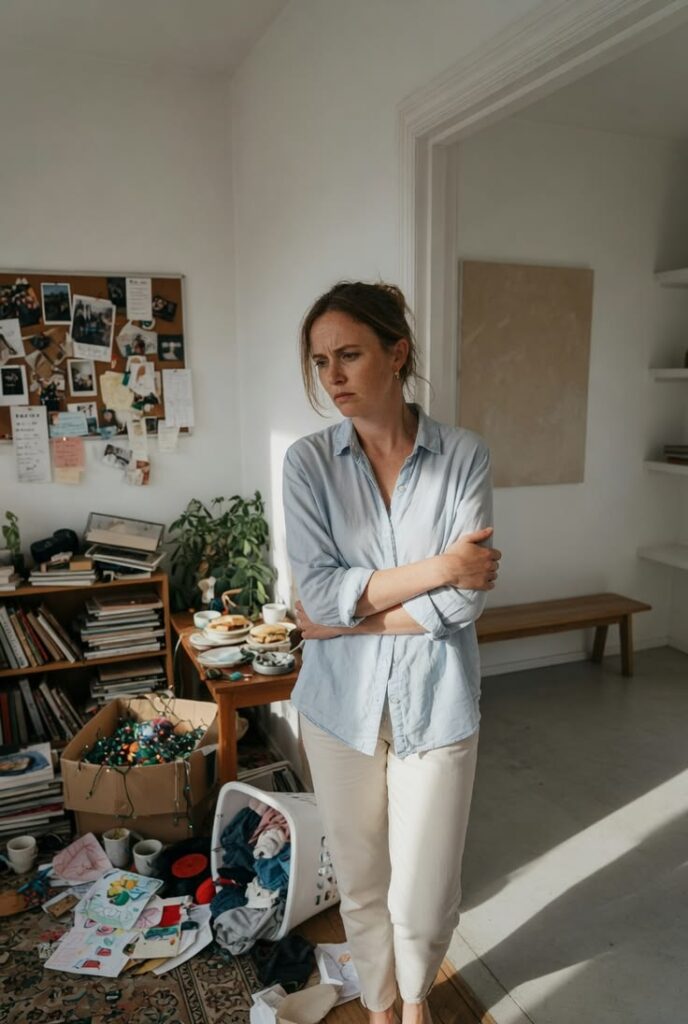 a lady looking sad in an untidy room