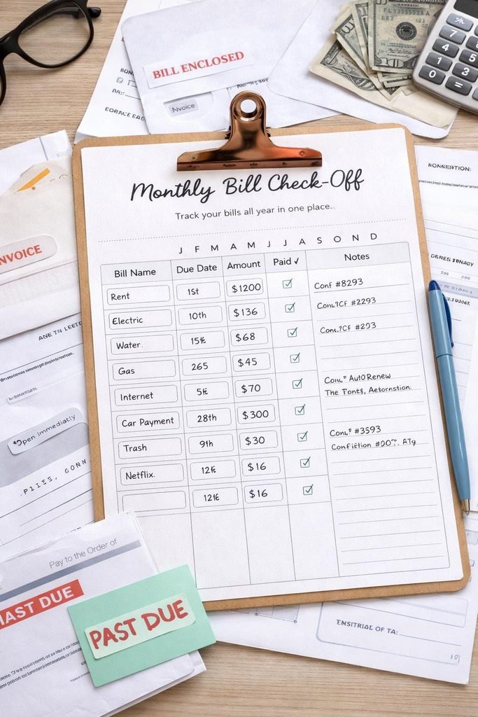 monthly bills review budgeting paperwork
