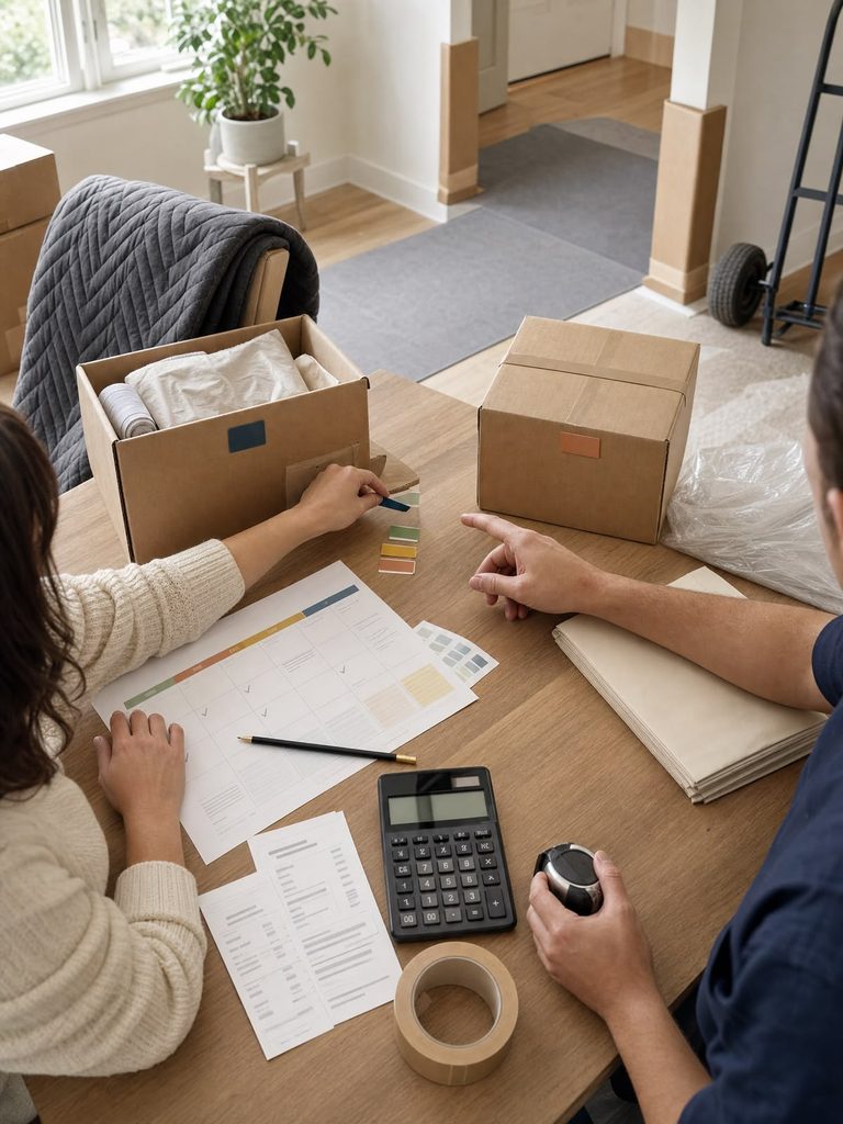 two adults planning in a new apartment
