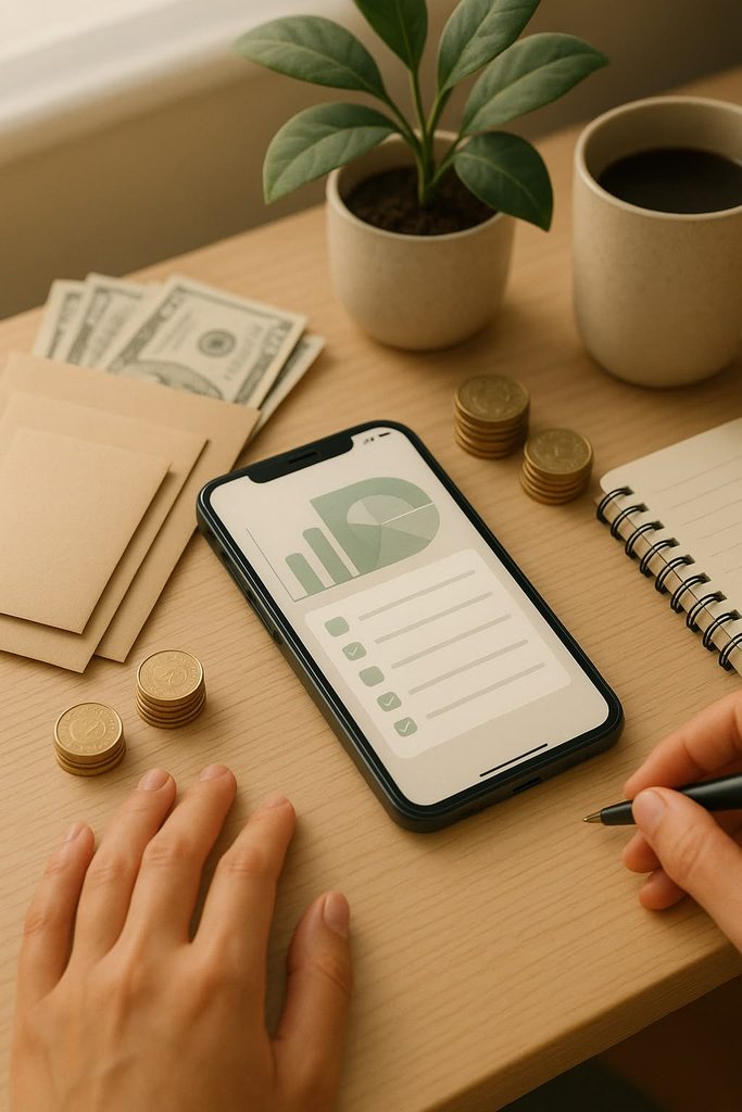someone using phone app  for budgeting