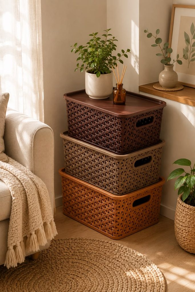 storage baskets in the living room