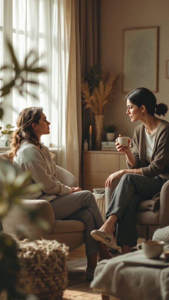 two adults discussing