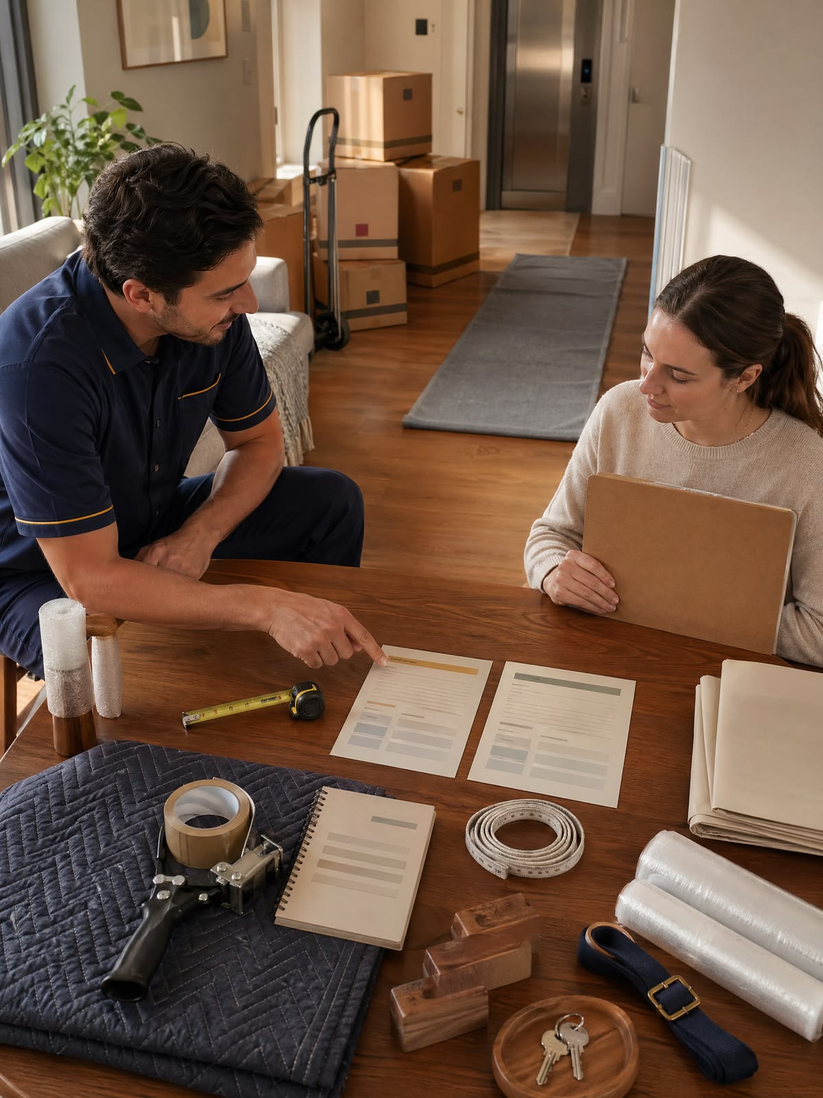 two adults talking with two copies of documents before them 