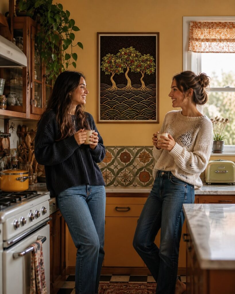 two young ladies chatting in an apartment