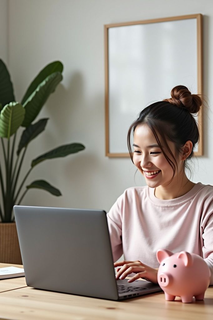 young lady sitting with piggy savings on the table  as regards to money mistakes to avoid when living alone