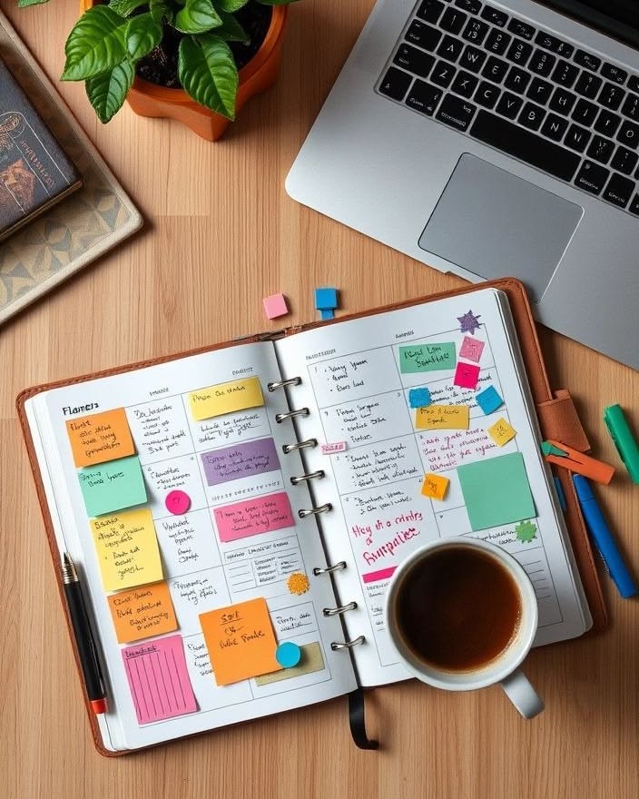 A calendar, sticky notes, and highlighted task list showing upcoming and past events 