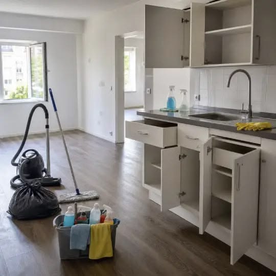 A clean empty apartment with cleaning supplies ready near the kitchen floor