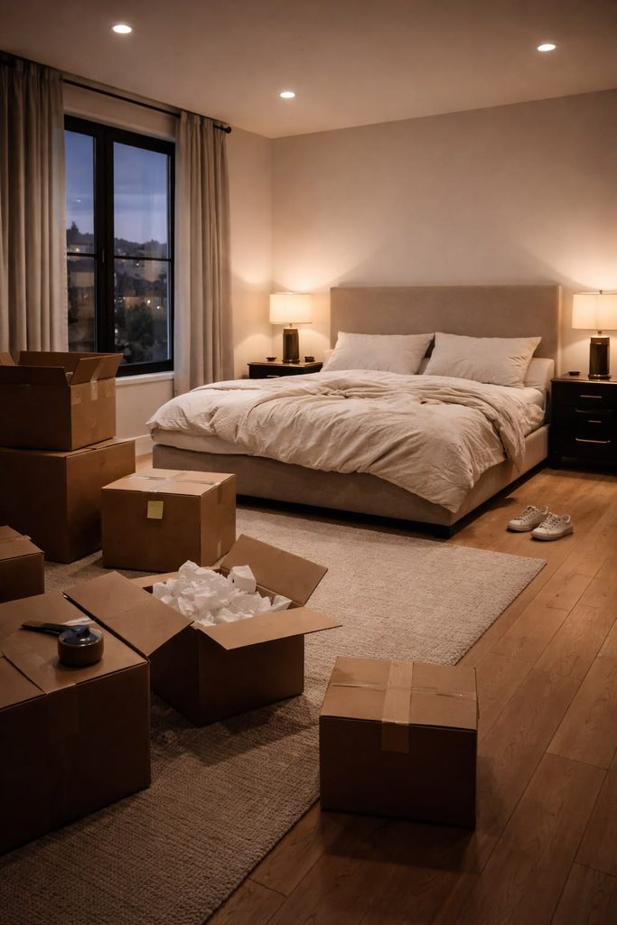 A cozy apartment with a few unpacked boxes, a made bed, and soft lighting