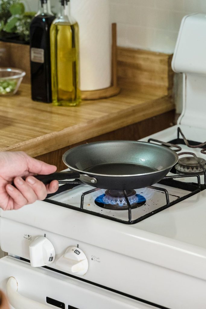 A frying pan on a simple stovetop