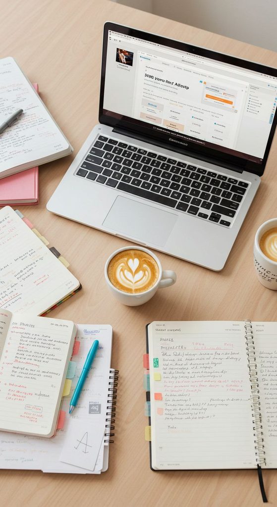  A laptop with an online course, notebook, and coffee beside it