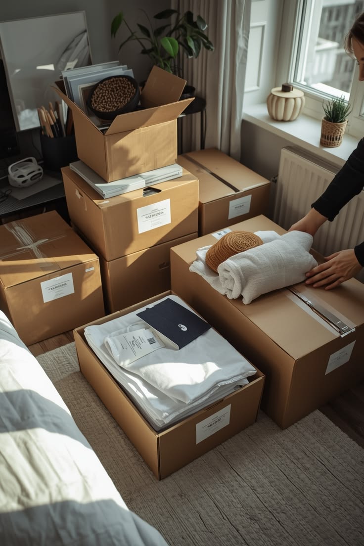 A neatly packed apartment with labelled boxes