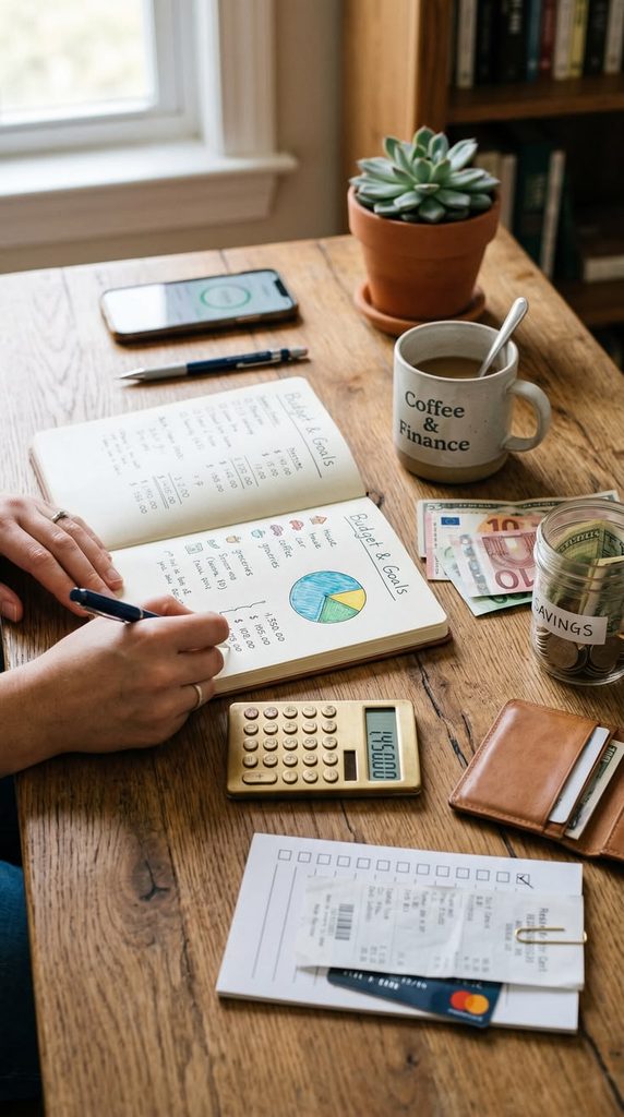 A notebook, calculator, wallet, and moving expenses list