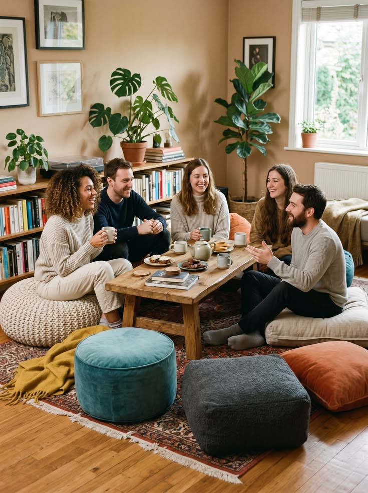 A person having a relaxed visit with friends in their new living room