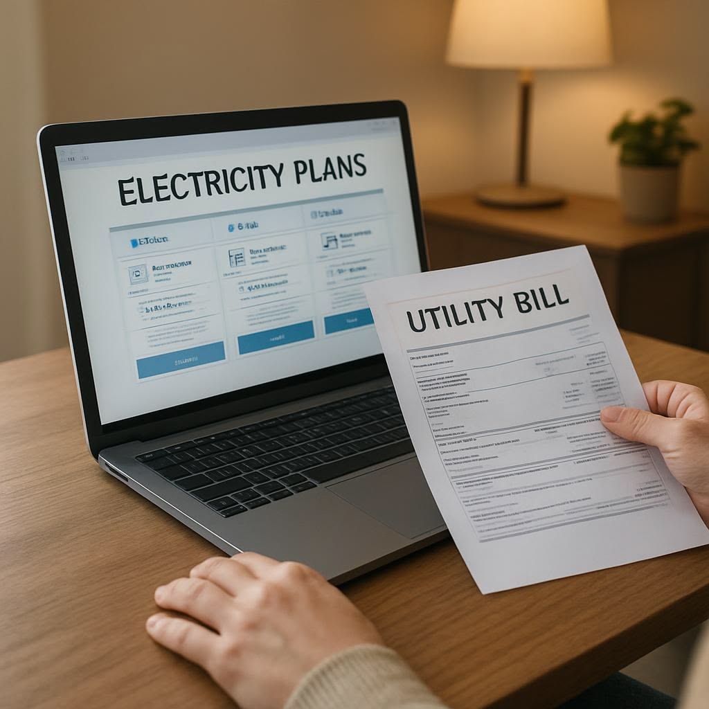  a laptop and document displaying electricity plan.