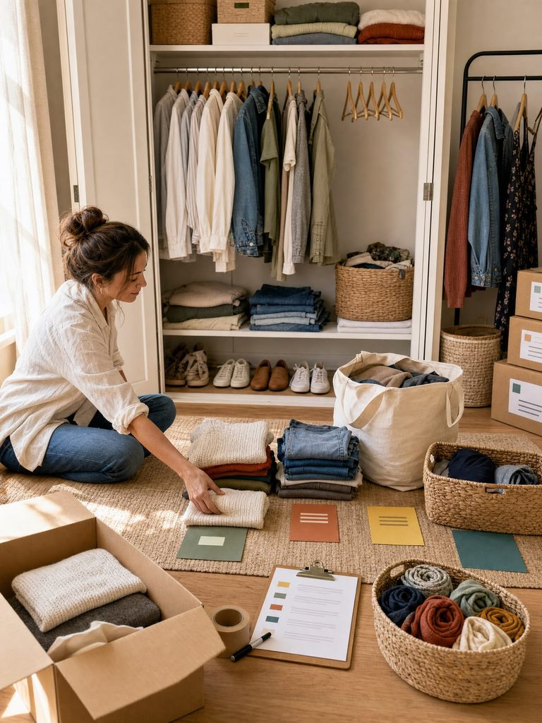 A person organizing useful household items while deciding what belongs in their new home