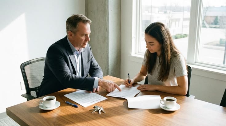 A person reviewing apartment paperwork at a table as regards to how to prepare for your first apartment viewing