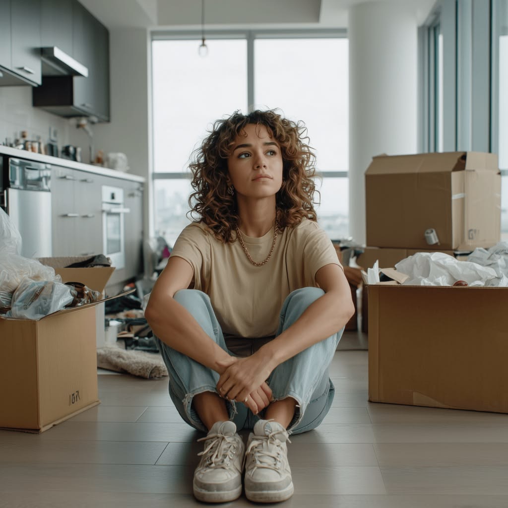 A person sitting among a few unpacked boxes.