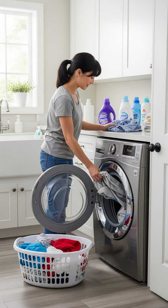 a young lady doing laundry in their apartment