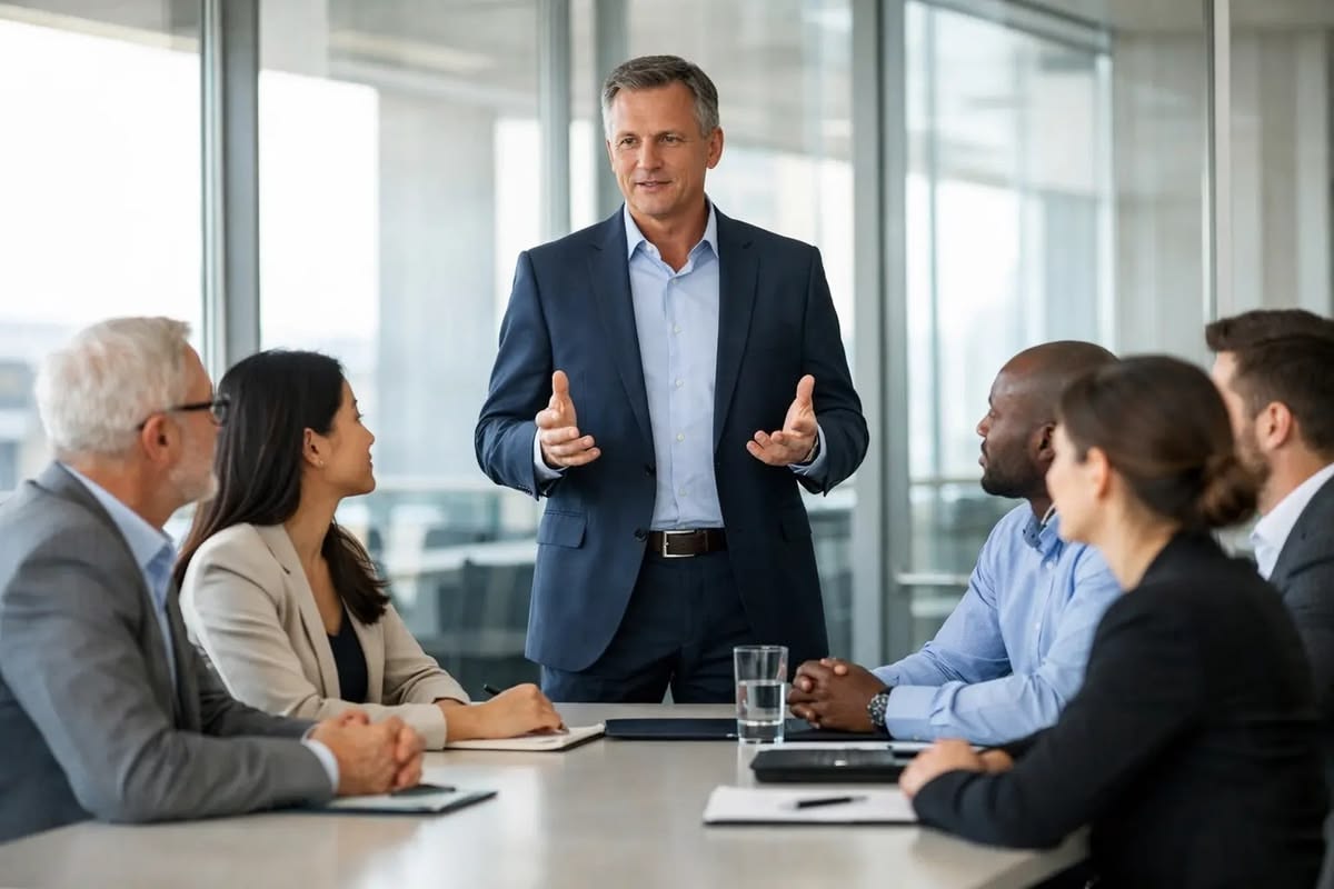 A person typing a professional speaking in a meeting with confidence as regards to how to build healthy work habits