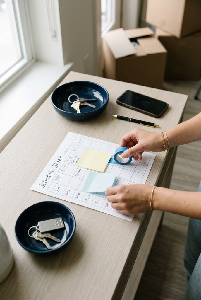 A schedule sheet with apartment keys on the side, showing on a table. 