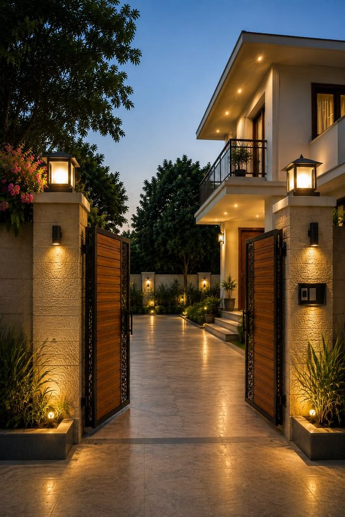 A secure apartment entrance with a strong door lock, bright outdoor lighting, a gate, and a clean hallway.