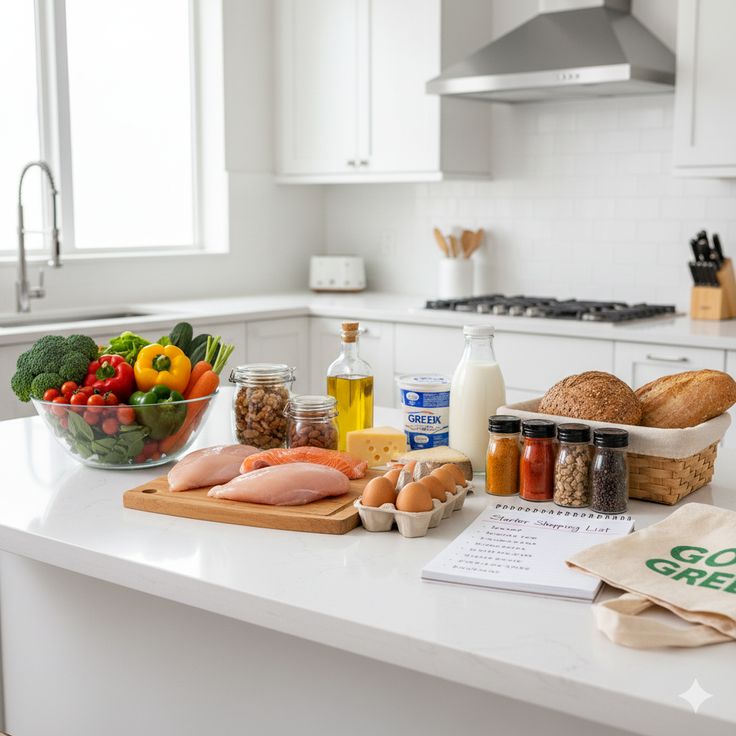 A simple meal plan beside fresh ingredients on a kitchen counter.