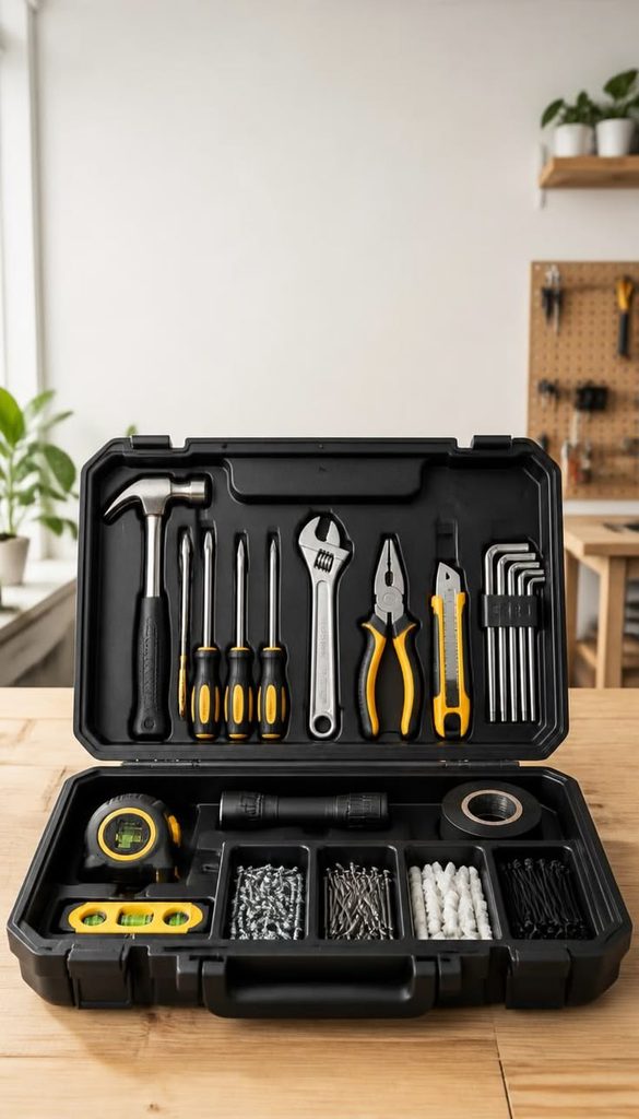 A small open toolbox containing tape, scissors, a screwdriver, measuring tape and more