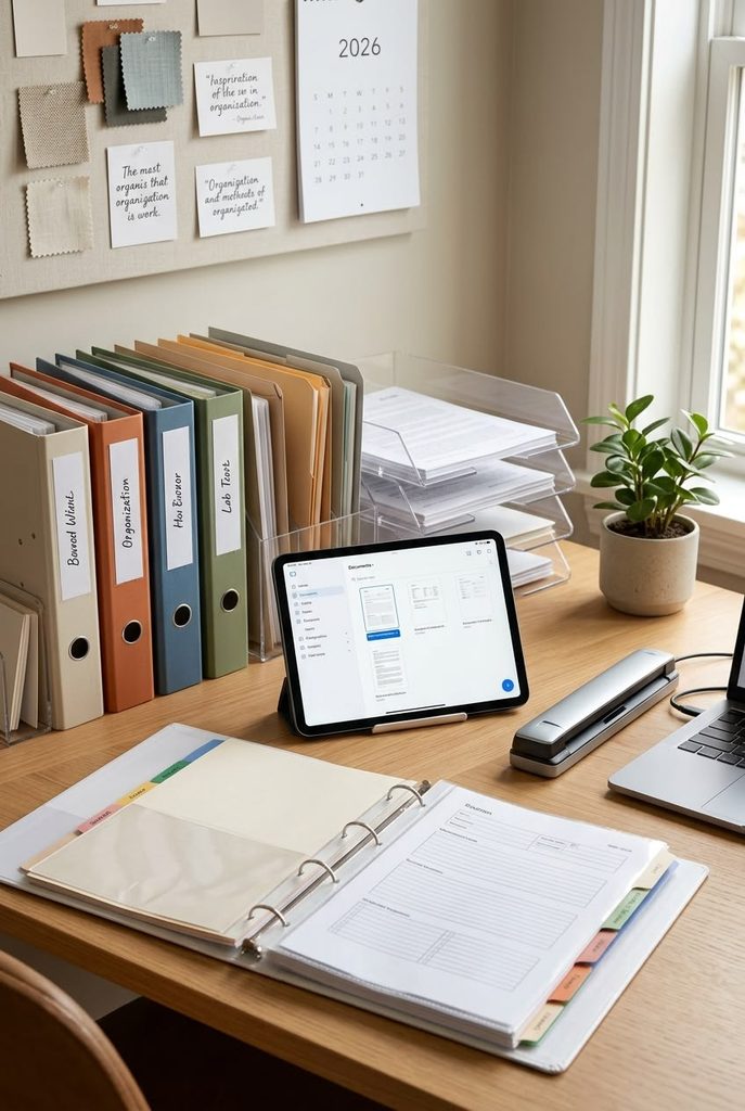 A tidy desk with folders, labelled notebooks, and a neat computer screen as regards to how to build healthy work habits
