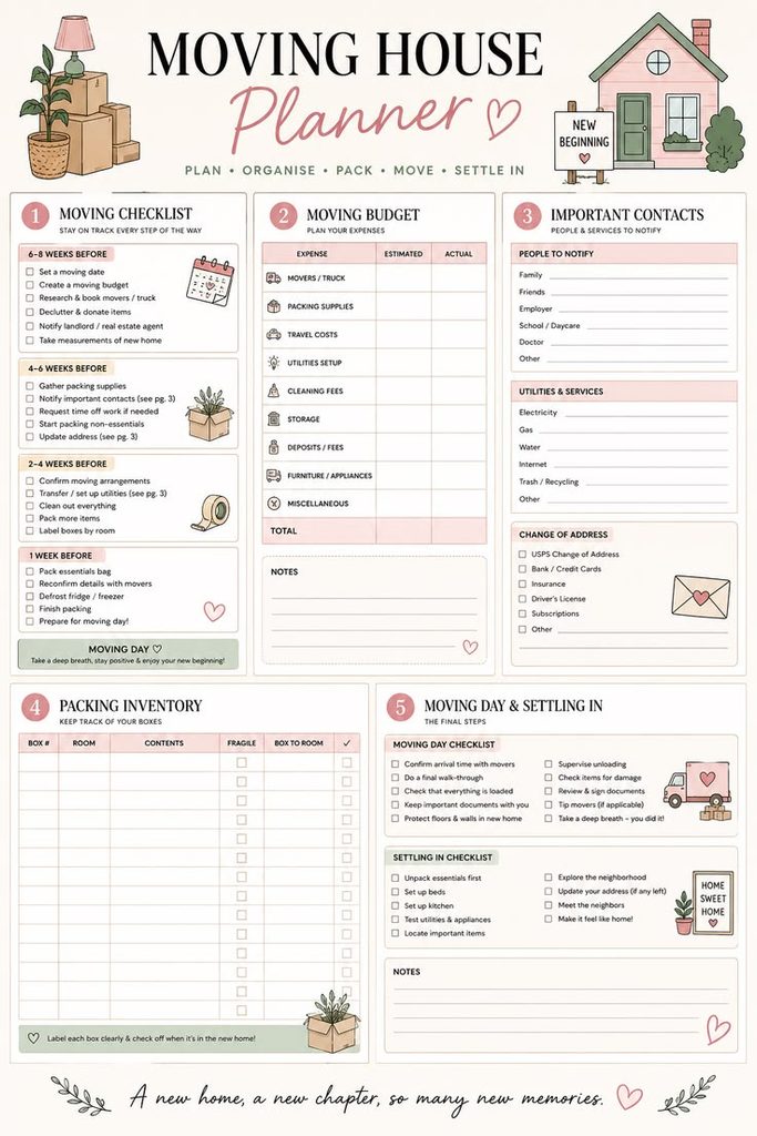 A weekly moving planner showing tasks for packing, cleaning, shopping, and moving arrangements