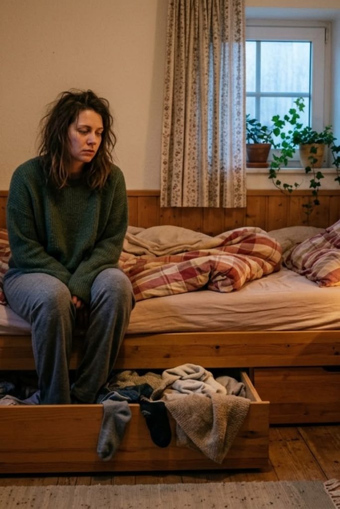 A young adult calmly looking at a small household problem