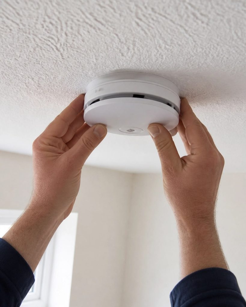 A young adult checking a smoke alarm
