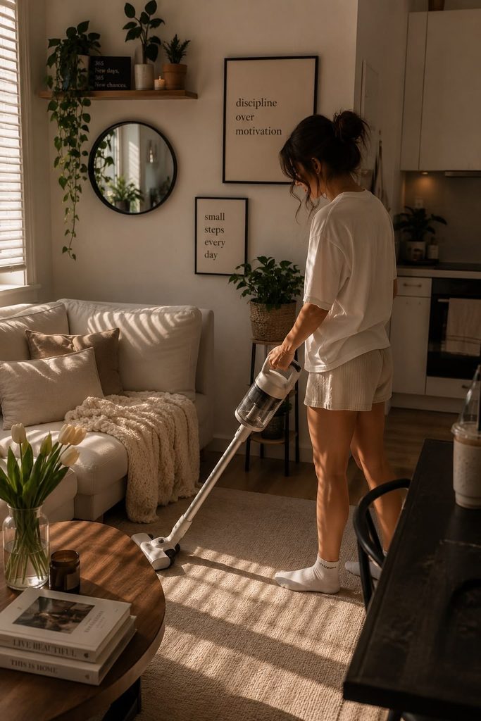 A young adult cleaning a cozy  living room  as regards to how to build confidence during your first year of adult life