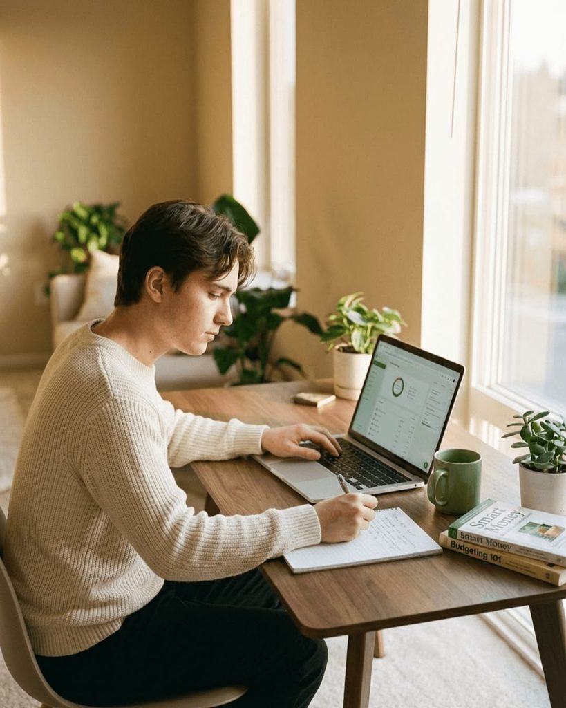 A young adult planning with laptop while making a note