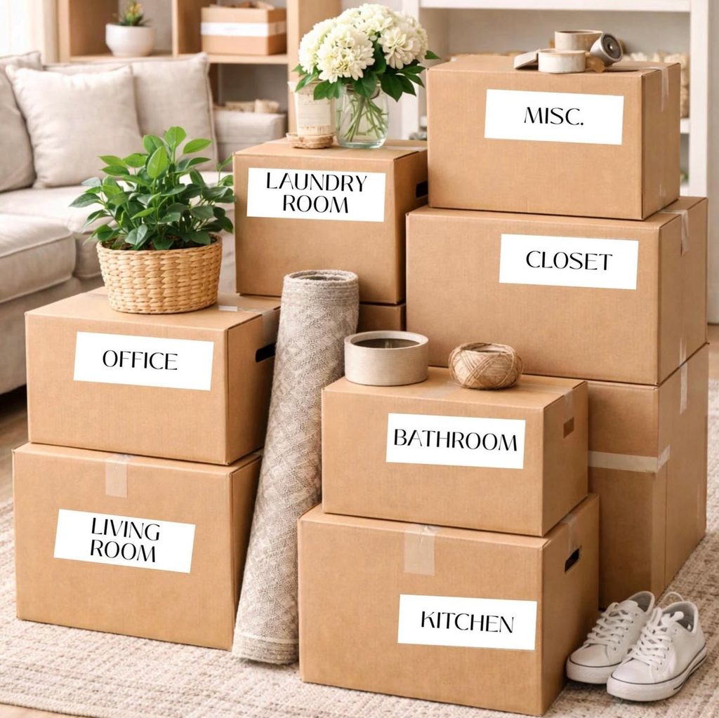 Neatly packed boxes labelled for different rooms in an apartment