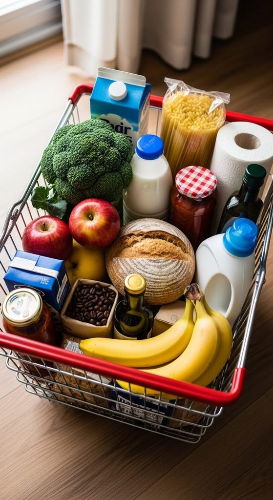 Simple groceries placed in a basket for the first week in a new home