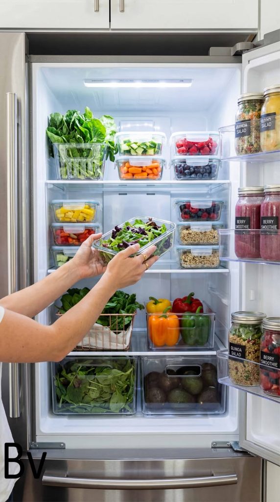 Someone putting fresh groceries inside a refrigerator.