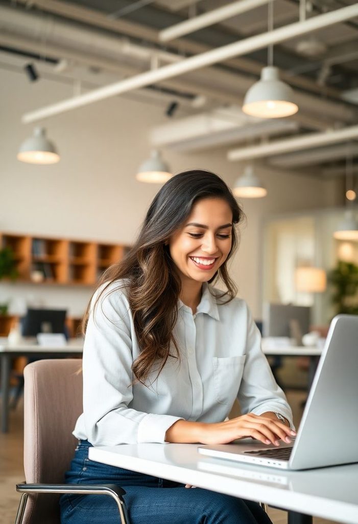 Young worker smiling after sending a professional email