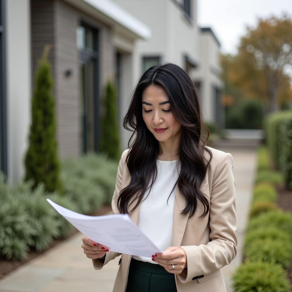 a lady reading a document while standing