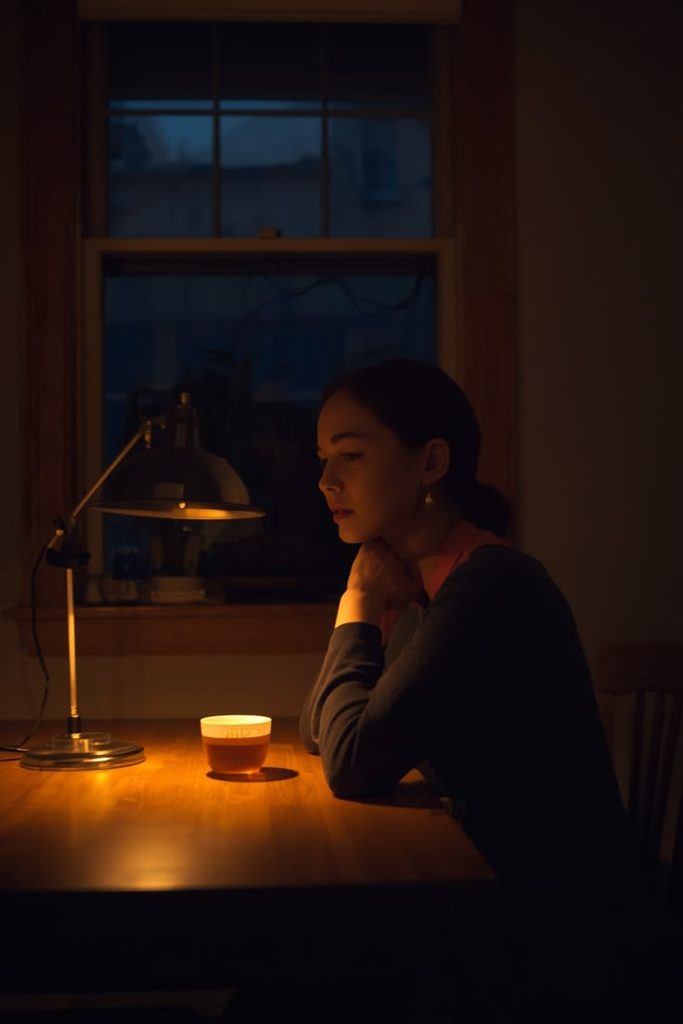 a lady sitting alone in a dark room