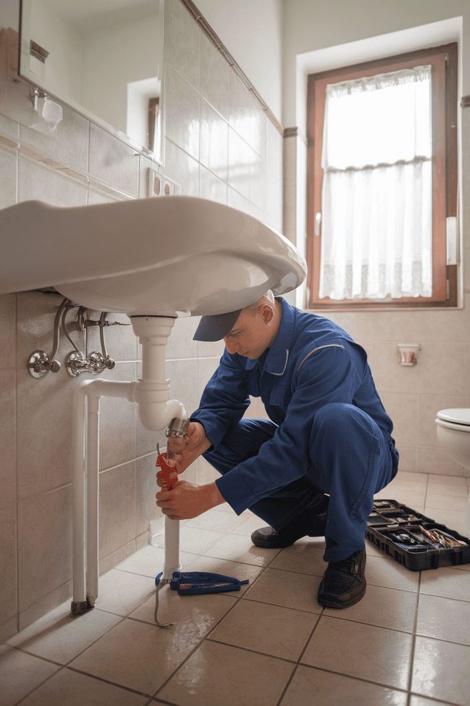 a plumber working on the bathroom tap
