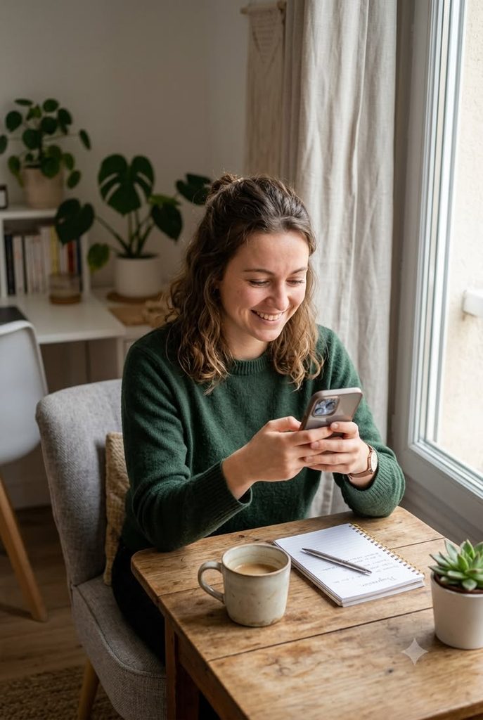 a young adult going through her phone with a cheerful mood